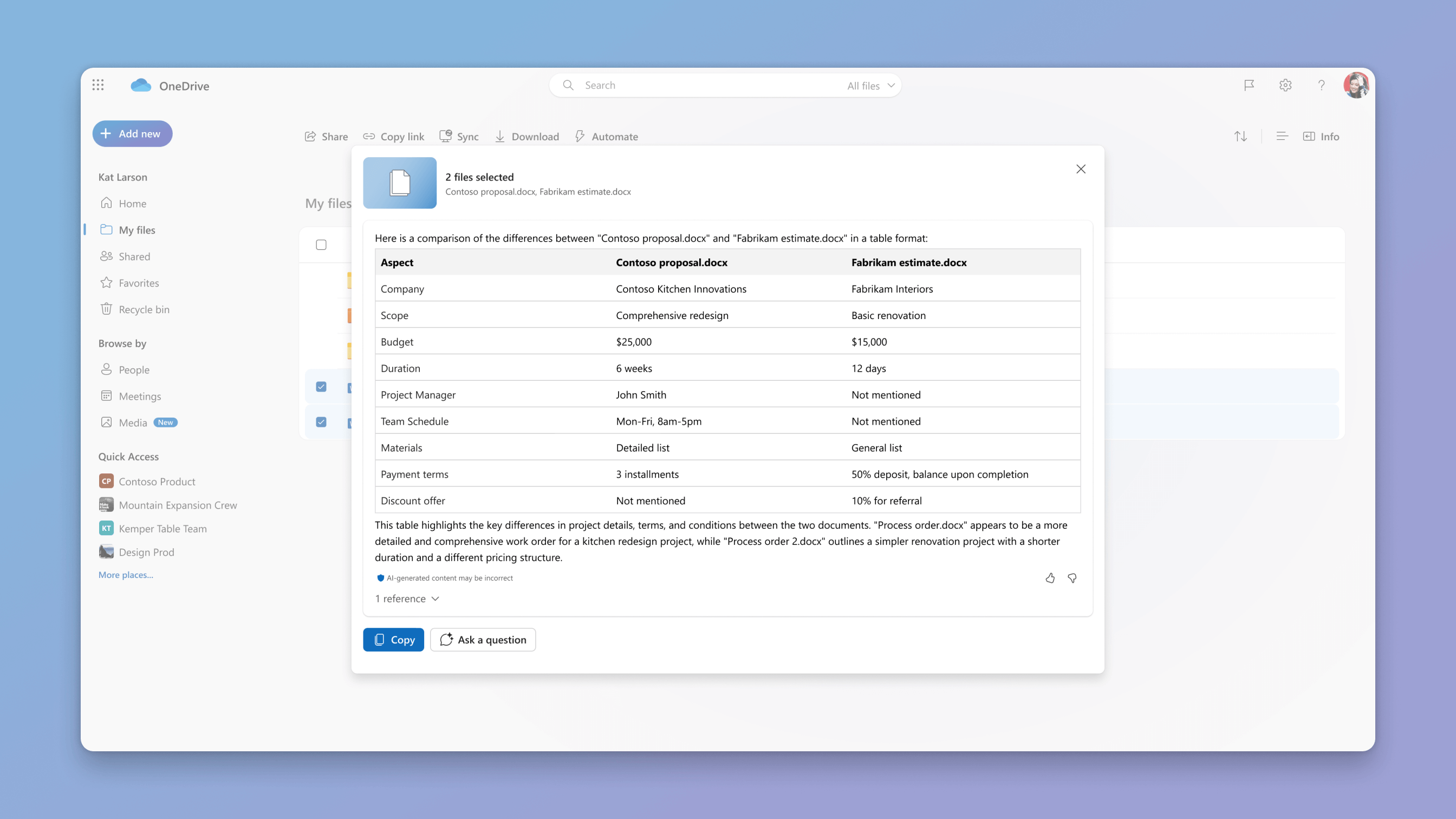 screenshot of compare files scenario for Copilot in OneDrive