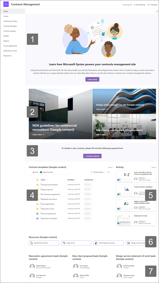 Preview of the Contracts Management site template highlighting available web parts.