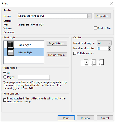 Outlook Print dialog box printer options