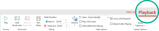 The Video Tools Playback tab on the PowerPoint 2016 ribbon