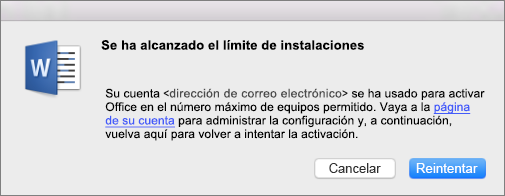 Mensaje de error Se alcanzó el límite de instalación