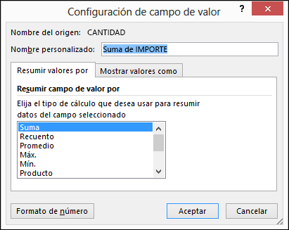 Cuadro de diálogo Configuración de campo de valor de Excel para las opciones Resumir valores por