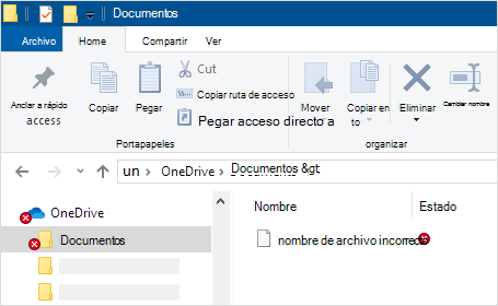 Explorador de archivos que muestra un error de Sincronización de OneDrive