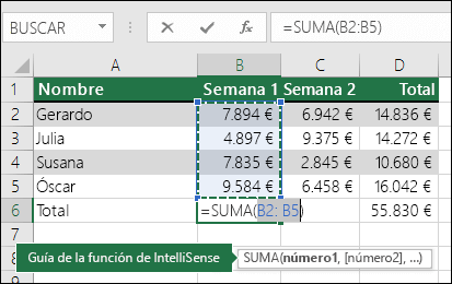 La celda B6 muestra la fórmula de SUMA Autosuma: =SUMA(B2:B5)