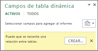 El botón Crear aparece cuando es necesaria una relación