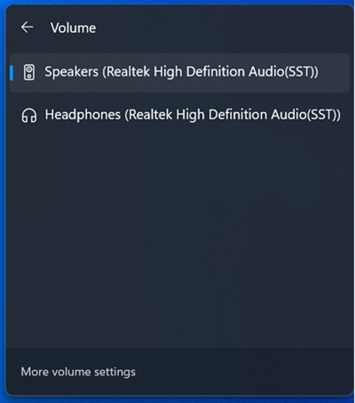 Selector de salida de audio en la bandeja del sistema Windows 11.