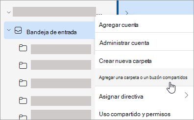 Captura de pantalla que muestra la selección para Agregar carpeta compartida o buzón de correo