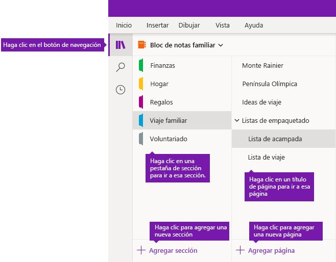 Secciones y páginas en OneNote para Windows 10