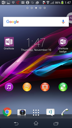 Captura de la pantalla de inicio de Android con el distintivo de OneNote.