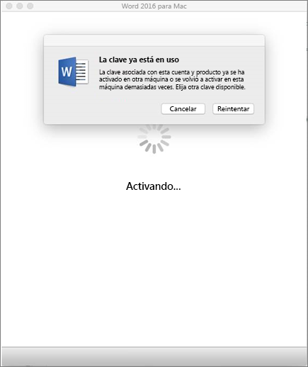 Mensaje "Clave ya utilizada" al activar Office 2016 para Mac
