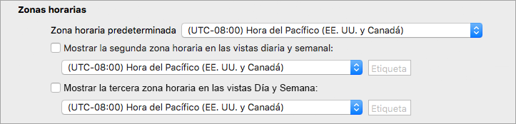 Muestra la segunda y tercera zona horaria en preferencias del calendario