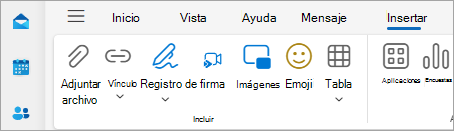 Captura de pantalla de la cinta que muestra Adjuntar archivo en el menú Insertar