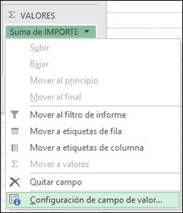 Cuadro de diálogo Configuración de campo de valor de Excel