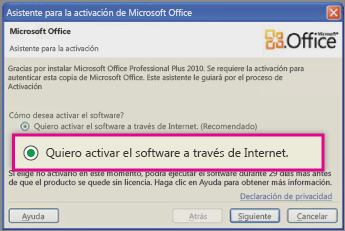 Activar el software a través de Internet