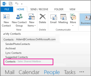 Lista de contactos compartida en el panel de contactos de Outlook