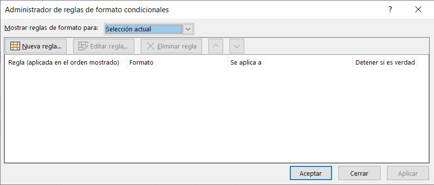 Cuadro de diálogo Administrador de reglas de formato condicionales