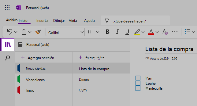 Vista de la interfaz de usuario web de OneNote que muestra el área de contenido