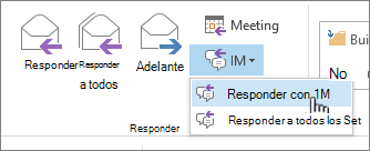 Grupo Responder con la lista desplegable de mensajes instantáneos abierta y Responder con mensajería instantánea resaltada