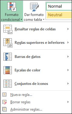 Menú Formato condicional con Administrar reglas resaltado