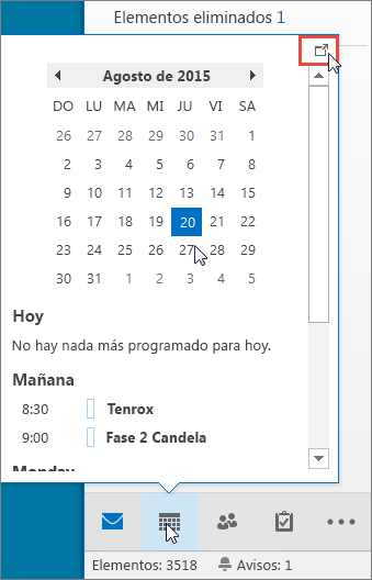 Información del Calendario con el icono de acoplamiento resaltado