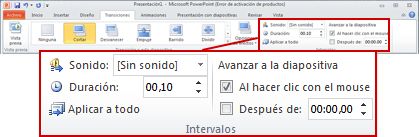 Grupo Intervalos en la ficha Transiciones en la cinta de PowerPoint 2010.
