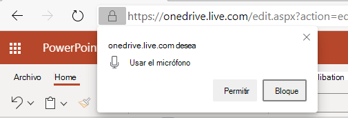 Captura de pantalla de PowerPoint permisos de dictado.