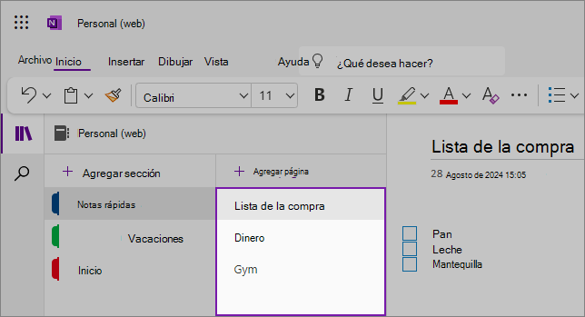 Vista de la interfaz de usuario web de OneNote que muestra el área de contenido