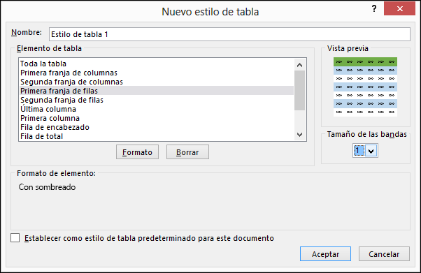 Opciones del cuadro de diálogo Nuevo estilo de tabla para aplicar estilos personalizados a una tabla