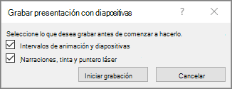 Muestra el cuadro de diálogo Grabar presentación con diapositivas en PowerPoint