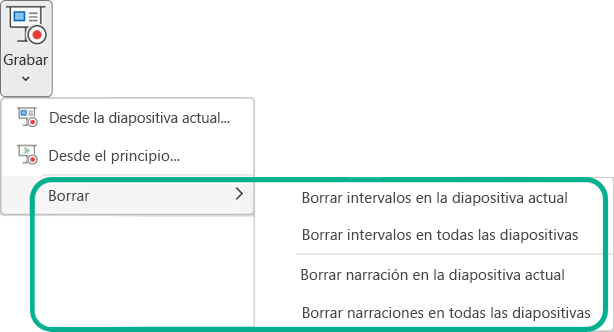 Los comandos Borrar en el botón de menú Grabar presentación con diapositivas en PowerPoint.