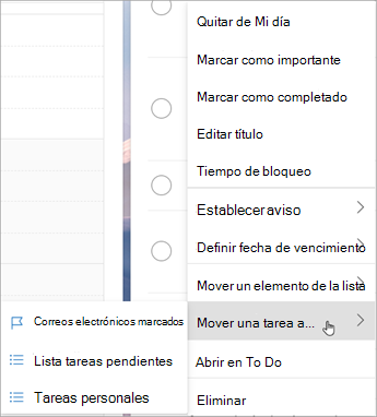 Mantén presionado (o haz clic con el botón derecho) para acceder al menú contextual. Seleccione Mover tareas a... y elige la lista a la que quieres mover la tarea.