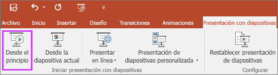 Se muestra el botón "Desde el principio" en la pestaña Presentación con diapositivas en PowerPoint