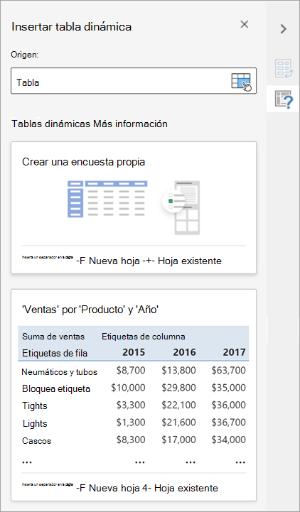 El panel Insertar tabla dinámica le permite establecer el origen, el destino y otros aspectos de la tabla dinámica.