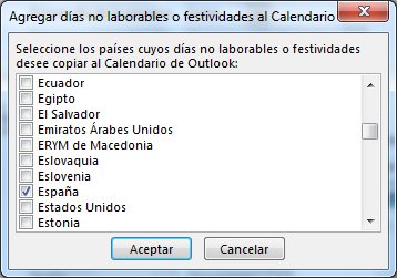 Cuadro de diálogo de selección de días no laborables de país o región