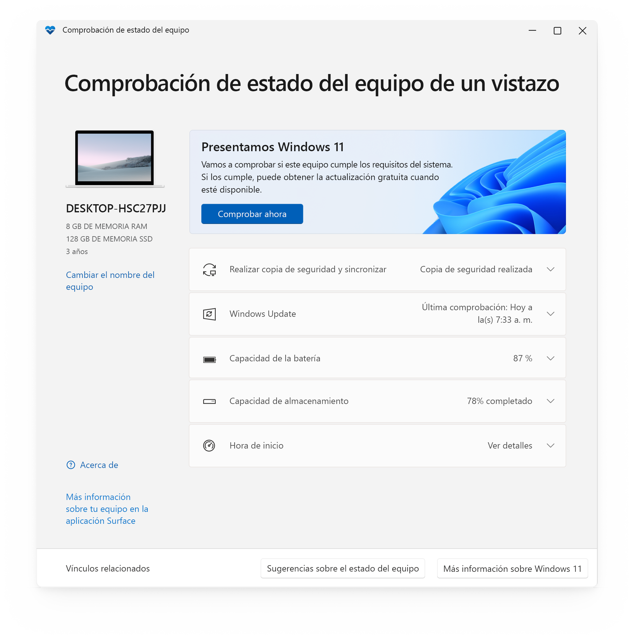 Pantalla principal de la aplicación Comprobación de estado del PC