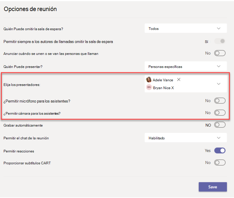 Las opciones de reunión en Teams, un cuadro rojo rodea la configuración para administrar los permisos del micrófono y la cámara de los asistentes.