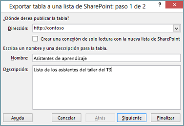 cuadro de diálogo del asistente para exportación a sharepoint