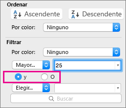 En el cuadro Filtro, seleccione Y u O para agregar más criterios