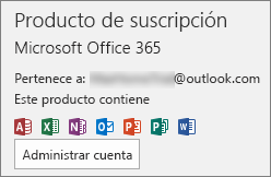 Muestra la cuenta de correo electrónico asociada a Office