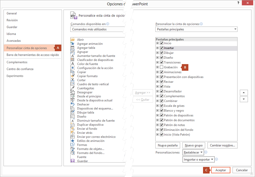 La pestaña Personalizar cinta de opciones del cuadro de diálogo Opciones de PowerPoint 2016 tiene una opción para agregar la pestaña de la grabación a la cinta de PowerPoint.