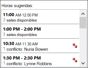 Use el selector Horas sugeridas para ver cuándo están disponibles los asistentes.