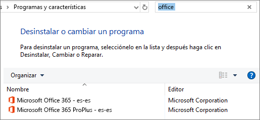 Se muestran dos copias de Office instaladas en el Panel de Control.