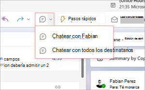 Chatear sobre el elemento de la cinta de correo electrónico seleccionado para el menú desplegable