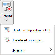 Los comandos Grabar presentación con diapositivas en la pestaña Grabación en PowerPoint.