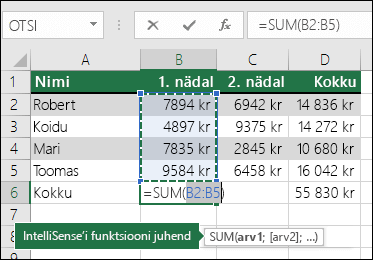 Lahtris B6 on näidatud automaatsumma valem: =SUM(B2:B5)