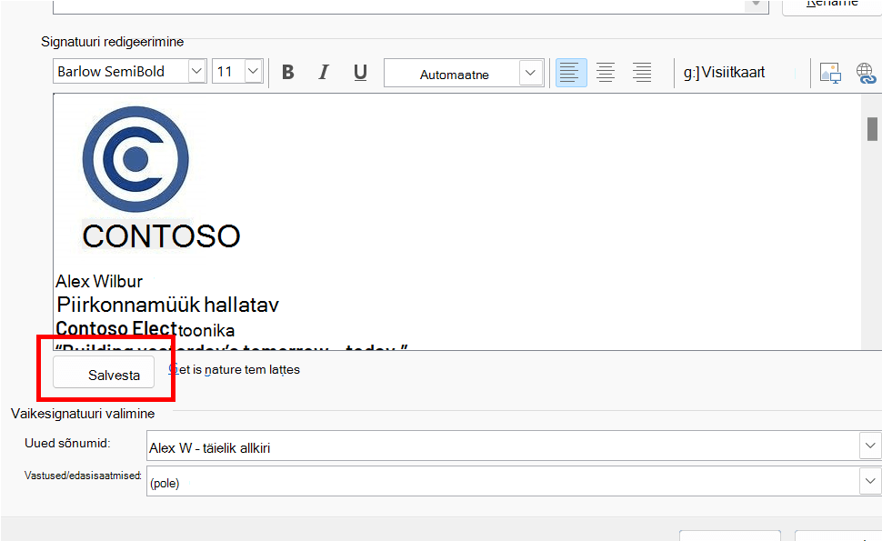 Outlooki allkirjaredaktor, kus on esile tõstetud nupp Salvesta.