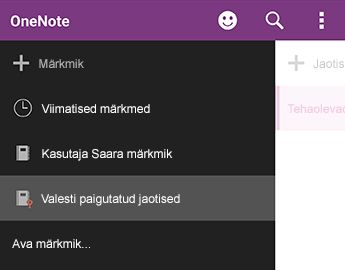 Valesti paigutatud jaotised Androidi jaoks loodud OneNote’is