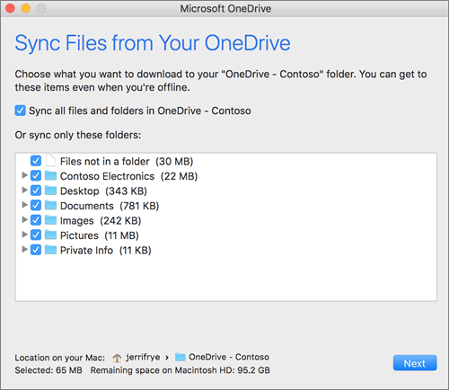 Kuvatõmmis OneDrive'i häälestusmenüüst sünkroonitavate kaustade või failide valimiseks.