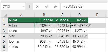 Lahtris D2 on näidatud automaatsumma valem: =SUM(B2:C2)