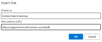 Dialoogiboks Lingi lisamine Outlooki veebirakendus.